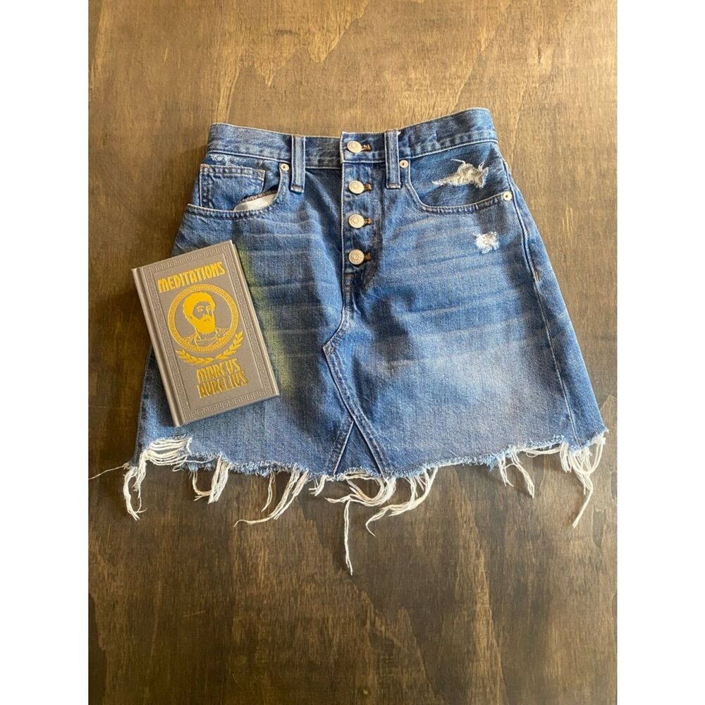 Madewell Blue Denim Distressed Button-Front Mini Skirt